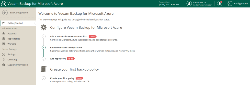 An image displaying the initial configuration screen for Veeam Backup for Microsoft Azure, having successfully signed in with password based authentication.